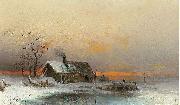 unknow artist Winter picture with cabin at a river Sweden oil painting artist